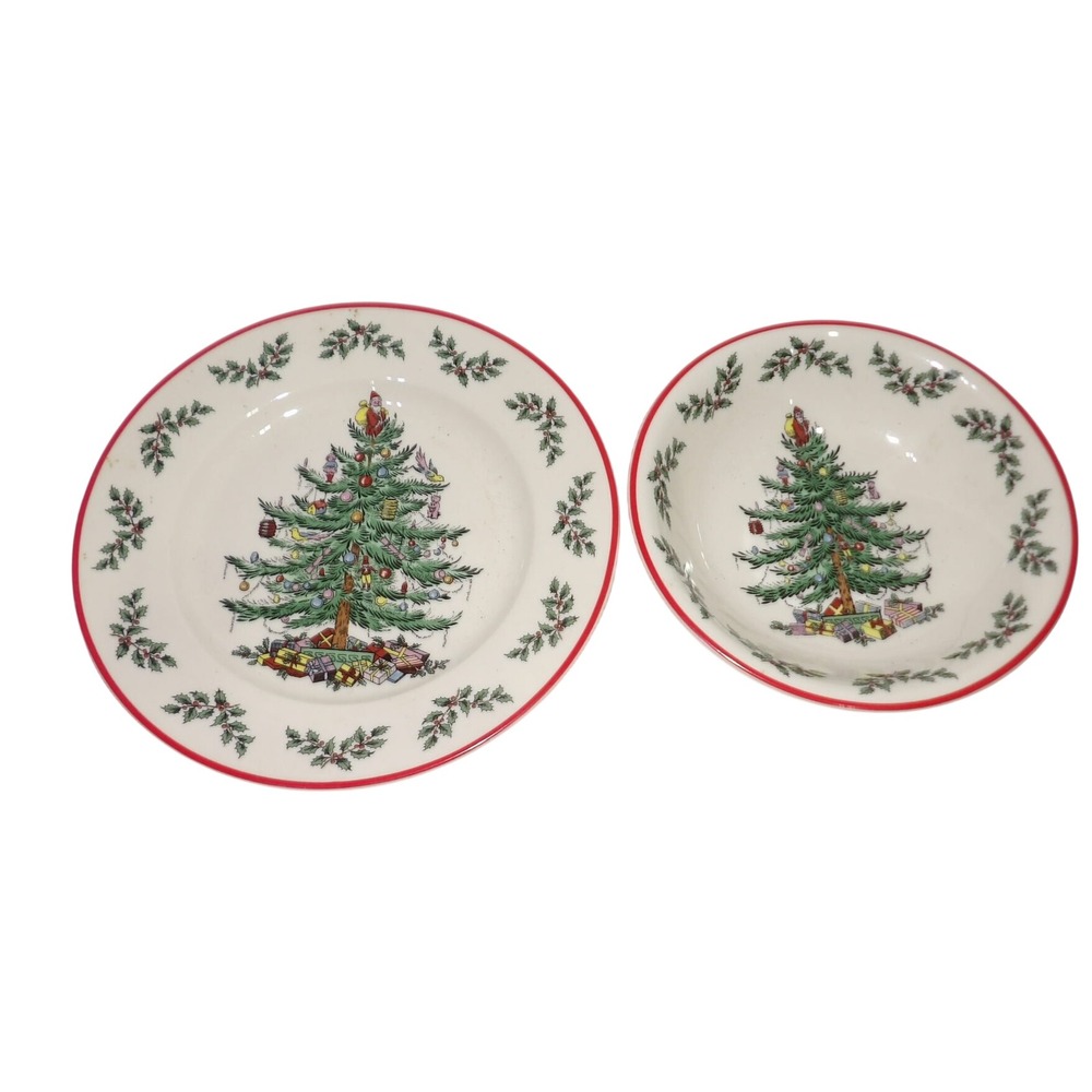 Spode Christmas Tree Small Plate and Bowl Set Red Rim S3324-A13 Holiday